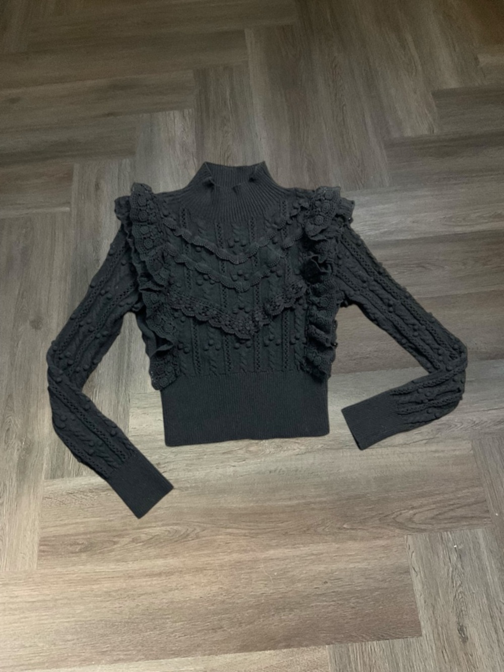 Zara Ruffle Crochet Lace‎ Mock Neck Knit Victorian Sweater Womens Small Black